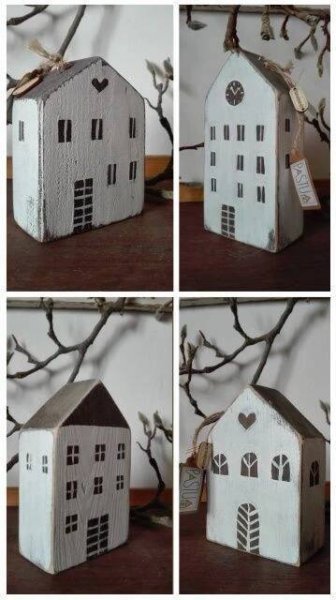 four different shots of a white house with windows and hearts on the roof, hanging from a tree branch