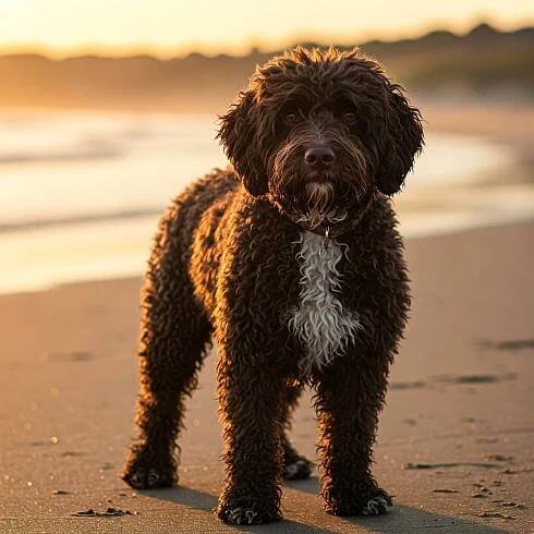 Portuguese water dog on beach