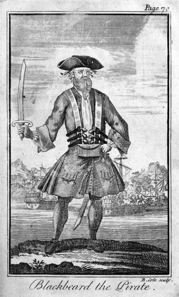 Pirát Černovous, ilustrace z knihy Obecná historie pirátů, 1725