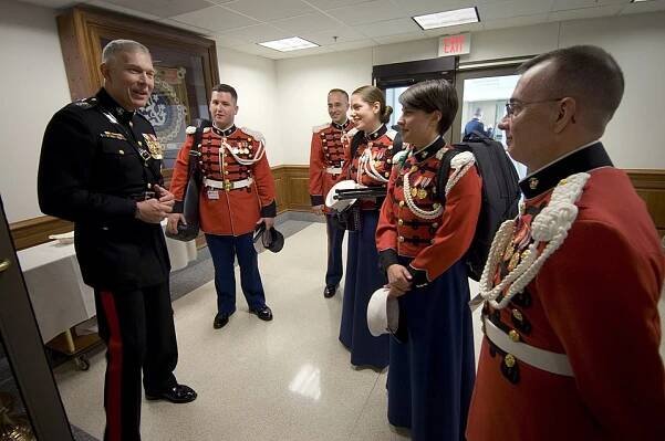 The Commandant of the Marine Corps, Gen. James T. Conway, speaking with members of the Marine Band during a ceremony in celebration of the 232nd Marine Corps birthday held at The Pentagon, 2007
