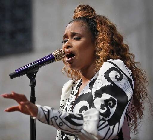 Singer Jennifer Hudson sings "Amazing Grace" in tribute to Aretha Franklin, who received a special music citation during the 2019 Pulitzer Prize winners awards luncheon at Columbia University, in New York