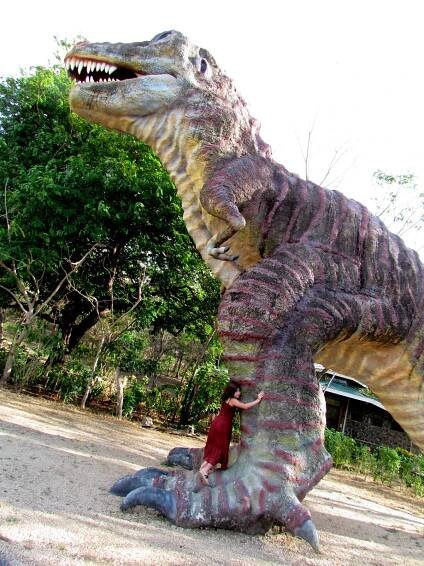 Hugging a dinosaur