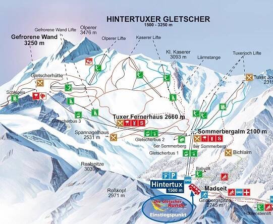 Lyžařská mapa sjezdovek areálu Ledovec Hintertux