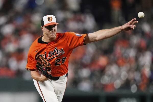 Baltimore Orioles starting pitcher Trevor Rogers delivers during the first inning of a baseball game against the Los Angeles Dodgers, Saturday, Sept. 6, 2025, in Baltimore.