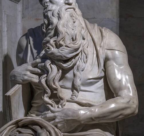 Moses (detail), Michelangelo, Tomb of Pope Julius II, c. 1513–15, marble, 235 cm (San Pietro in Vincoli, Rome; photo: Steven Zucker, CC BY-NC-SA 2.0)