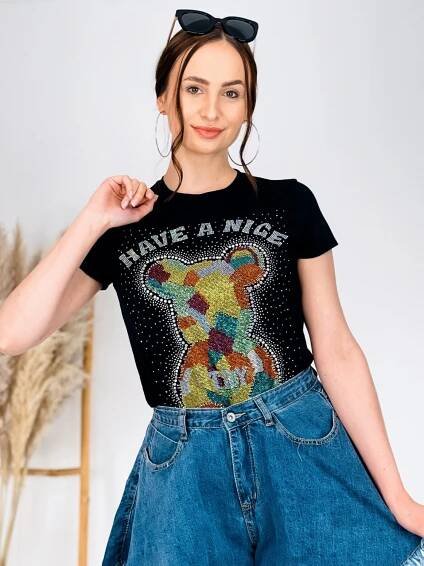 Dámské černé tričko s kamínky Medvídek - Webmoda.cz