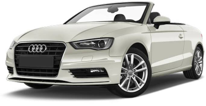 Weißes Audi Cabriolet, seitlich von vorne gesehen, mit offenem Verdeck und elegantem Design auf transparentem Hintergrund.