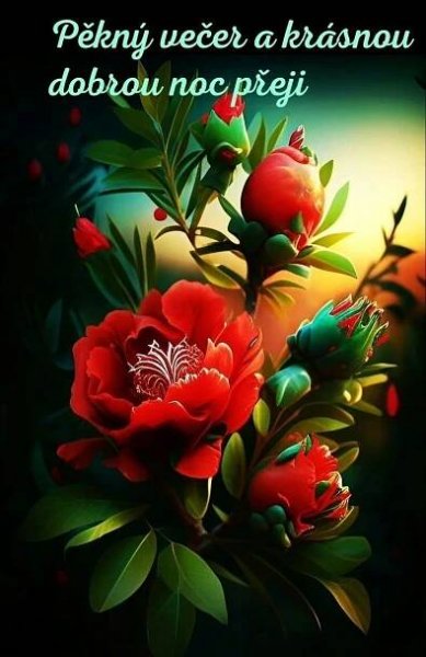 a bouquet of red flowers sitting on top of a green leafy branch with the words, pehen uecer a krasnou dobrau no prigii