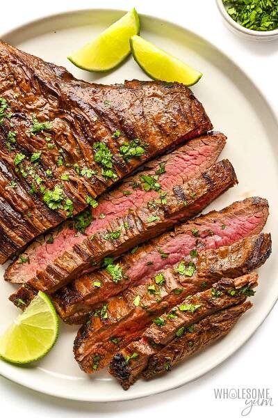Sliced flank steak on a plate.