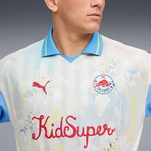 KIDSUPER x FC RED BULL SALZBURG Long Sleeve Retro Shirt Men, Frosted Ivory-PUMA Red, large