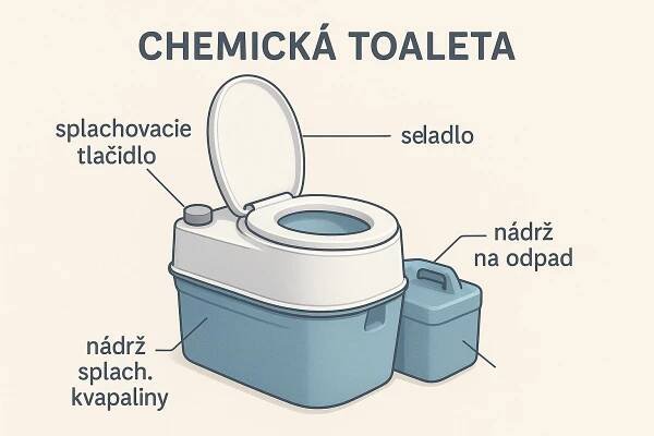 Ilustrovaný nákres chemického WC s jasne označenými základnými časťami a popismi, určený pre začiatočníkov, zobrazujúci funkčnosť a hlavné komponenty tohto typu toalety na chatu.