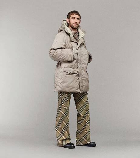 Model wearing Satin Parka with Burberry Check Shirt and Tailored Cargo Trousers