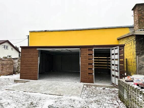 Plechová garáž 5x6 + přístřešek 2x6 - výklopná vrata - dveře - tmavě hněda za 96370.00CZK - Allegro