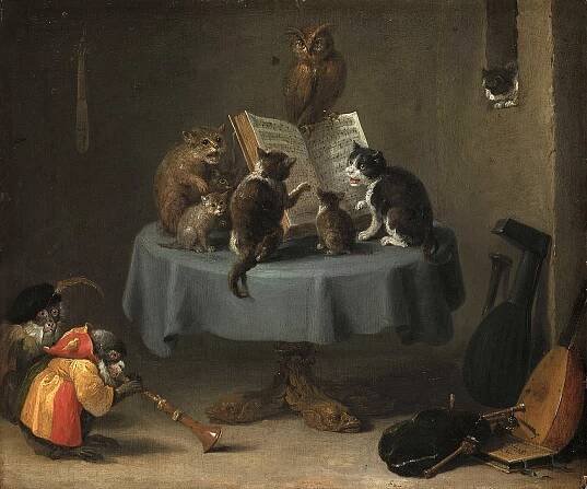 Koncert koček par Teniers, David mladší (1610-1690). Olej na dřevě, rozměr: 26x31,5 od David Teniers the Younger