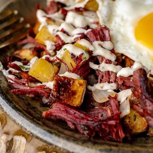 corned venison hash with horseradish sauce.