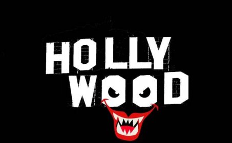 Illustrative cartoon of the Hollywood sign with evil eyes and and evil mouth overlaid.