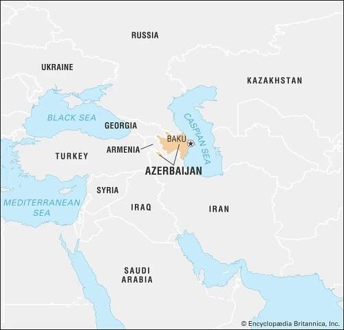 A political map highlighting Azerbaijan in light orange, with its capital, Baku, marked. The surrounding countries include Russia, Georgia, Armenia, Turkey, Iran, Iraq, Syria, and Kazakhstan, along with the Black Sea, Caspian Sea, and Mediterranean Sea.