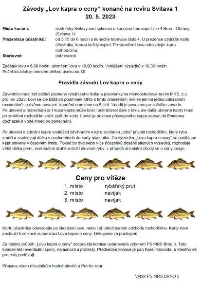 Závody „Lov kapra o ceny“ – Moravský rybářský svaz, z.s. pobočný spolek BRNO 4