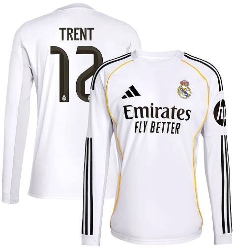 Real Madrid adidas Home Shirt 2025-26 - Long Sleeve with Trent 12 printing