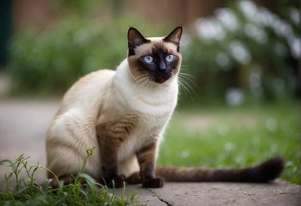 A Siamese cat arches its back, twitching its tail, and licking its fur compulsively, while showing signs of respiratory distress