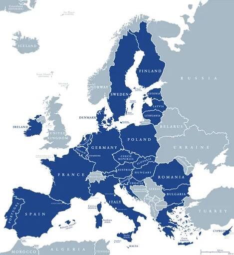 Mapa členských států Evropské unie po Brexitu, anglické označení. 27 členských států EU poté, co Velká Británie odešla. Zvláštní území členských států nejsou na mapě uvedena. Ilustrace. Vektor. — Ilustrace