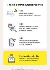 A graphic showcases the rise of password breaches by featuring password statistics related to cyberattacks and data breaches.