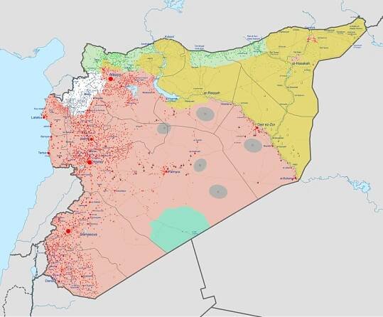 Situace v listopadu 2024:      Syrská prozatímní vláda + turecká okupace      Syrská vláda spásy      Nová syrská armáda + americká okupace      Syrská vláda      Syrský Kurdistán (Rojava)      Islámský stát (IS)      sporná území