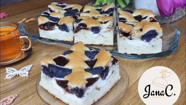 Rychlý litý koláč s tvarohem, povidly a mákem – snadný recept na plech!/@JanaCJany
