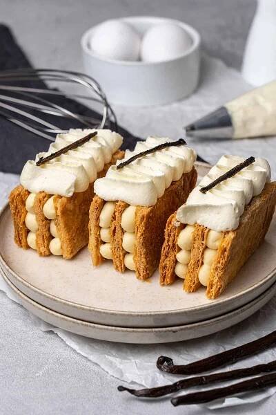 3 mille feuille on a plate.