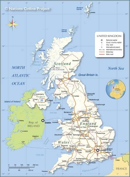 Map of the United Kingdom, with England, Scotland, Wales, and Northern Ireland