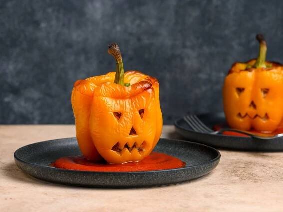 Jack-o'-lantern stuffed pepper on a plate. 