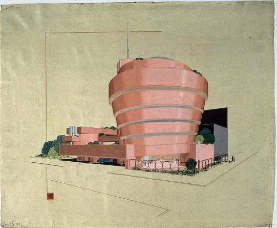 The Solomon R. Guggenheim Museum rendered in ink and pencil on tracing paper, by Frank Lloyd Wright