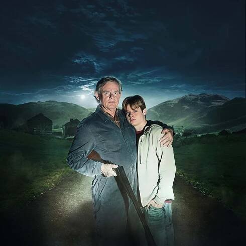 Promotional image of Martin Clunes and Louis Ashbourne Serkis for an ITV program.