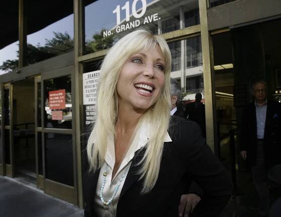 Pamela Bach, former wife of actor David Hasselhoff, speaking to media outside Los Angeles courthouse in June 2007