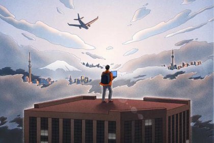 A man with a laptop and backpack stands on top of a building, looking out at various cities in the distance as a plane flies overhead.
