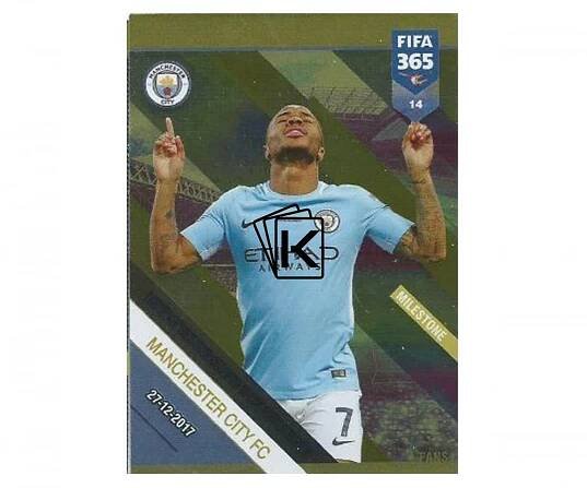 Fotbalová kartička Panini FIFA 365 – 2019 Fans 14 Raheem Sterling Manchester City Milestone