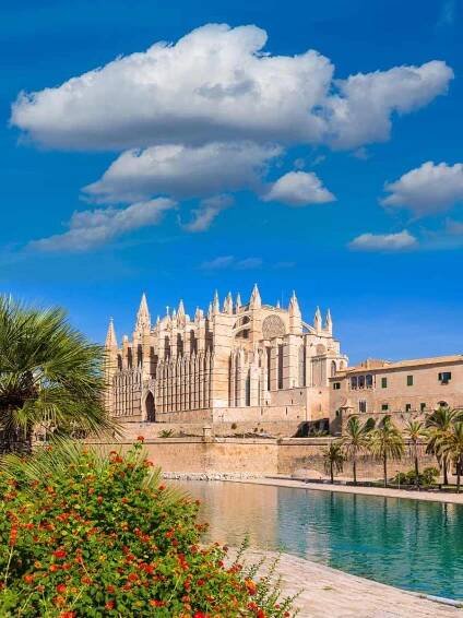 A view of the Majorca Cathedral on a sunny day next to a body of water