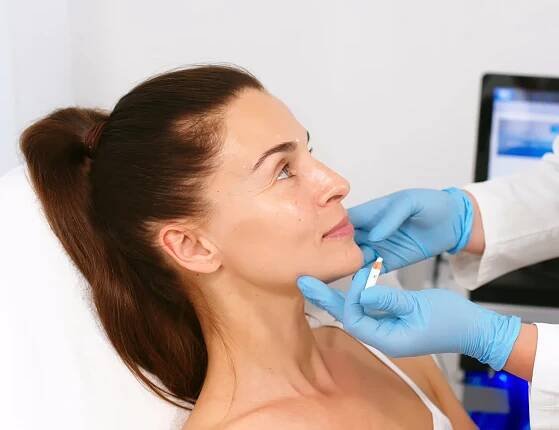 Doctor preparing cosmetic injection near woman’s jawline
