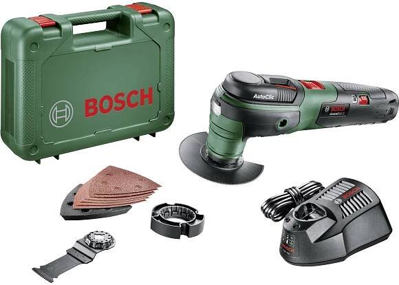 Bosch UniversalMulti 12 Akku-Multifunktionswerkzeug Set mit Akku, Ladegerät und Zubehör im Koffer.