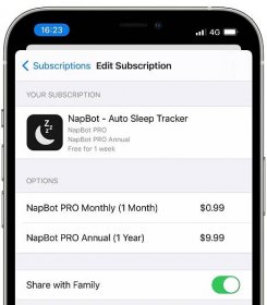 Share subscriptions - NapBot for iPhone with the option to share the subscription with family enabled