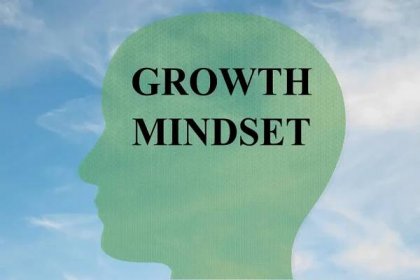 A green silhouette of a person's head with text in the middle of the head part that says "Growth Mindset"