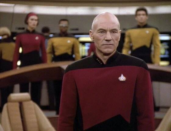 Michelle Forbes, LeVar Burton, Patrick Stewart, and Kenneth Meseroll in Star Trek: Nová generace (1987)
