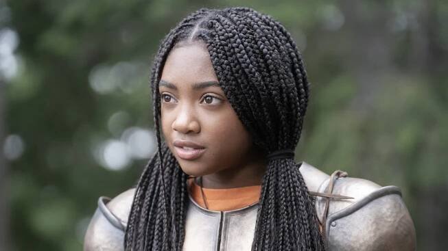 Annabeth (LEAH JEFFRIES) wearing armor at Camp Half-Blood in PERCY JACKSON & THE OLYMPIANS - "Episode 102” (Disney/David Bukach).