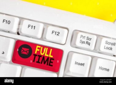 Text sign showing Full Time. Conceptual photo working or operating the customary number of hours in a day White pc keyboard with Stock Photo