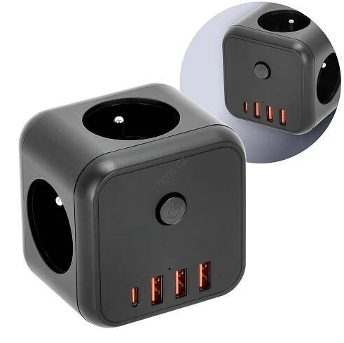 Rozbočovací zásuvka s vypínačem LINEA 3x230V + 4xUSB A/C černá