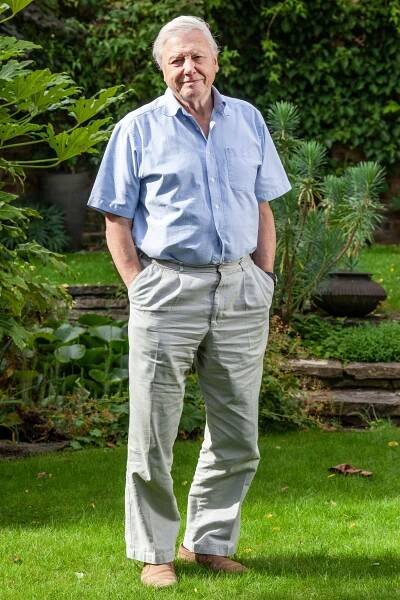 Sir David Attenborough standing in his garden.