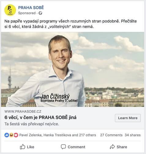Sponzorovaný příspěvek na Facebooku od hnutí Praha sobě