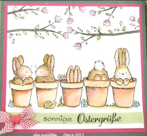 an easter card with three bunnies in flower pots and the words, sonniee ostergriffe