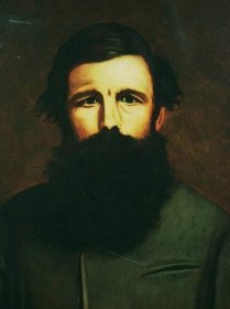Bust-length painting of a white man with dark eyes and hair and a long dark beard, wearing a green jacket.