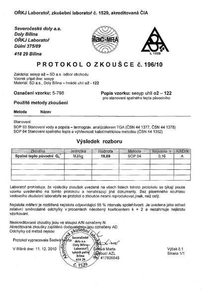 Atest: Bílinské uhlí - Ledvice - ořech II